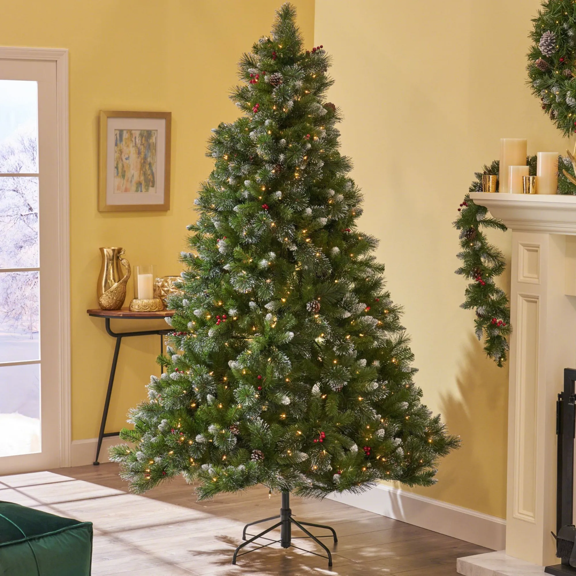Contemporary Home Living Pre-Lit-9' Pre-Lit Medium Mixed Spruce Artificial Christmas Tree With Glittered Branches - Clear Lights