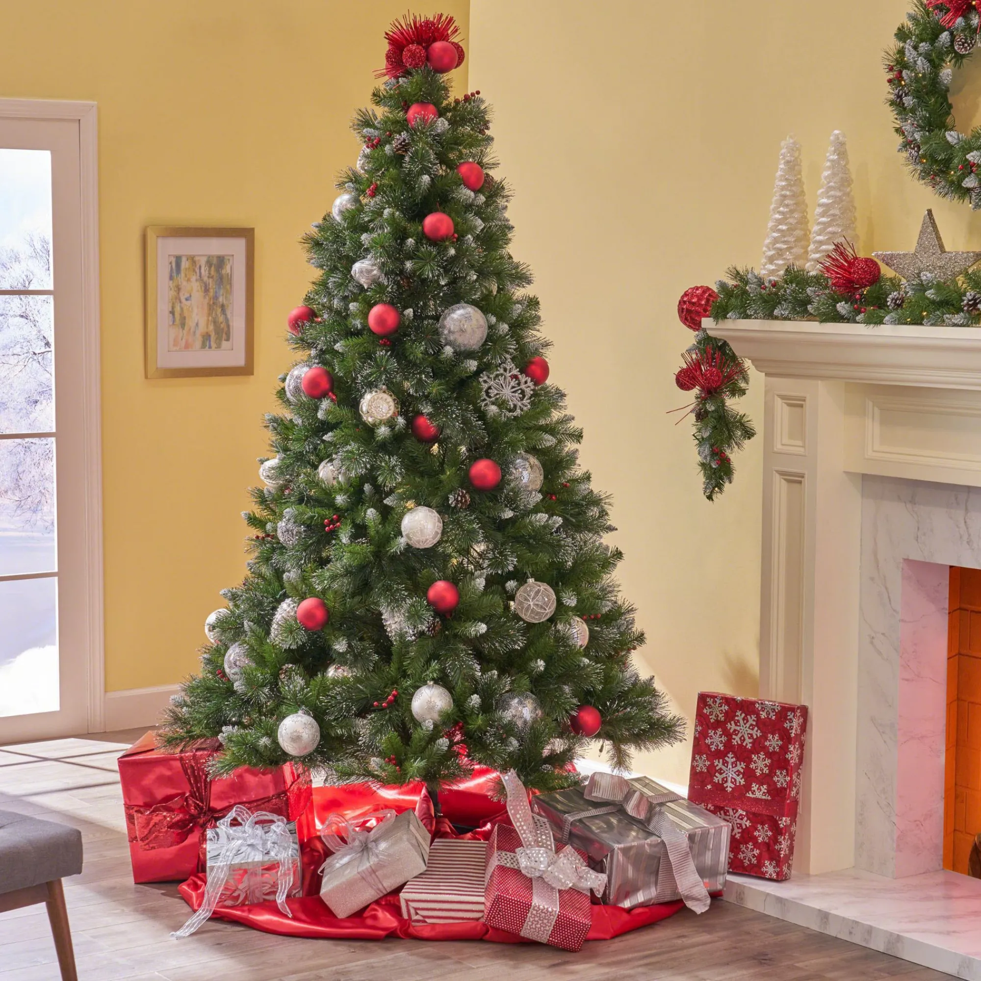 Contemporary Home Living Pre-Lit-7.5' Pre-Lit Medium Mixed Spruce Artificial Christmas Tree With Glittered Branches - Clear Lights