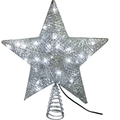 KSA Stars-13" Pre-Lit Silver Glittered Star Christmas Tree Topper, Cool White Led Lights