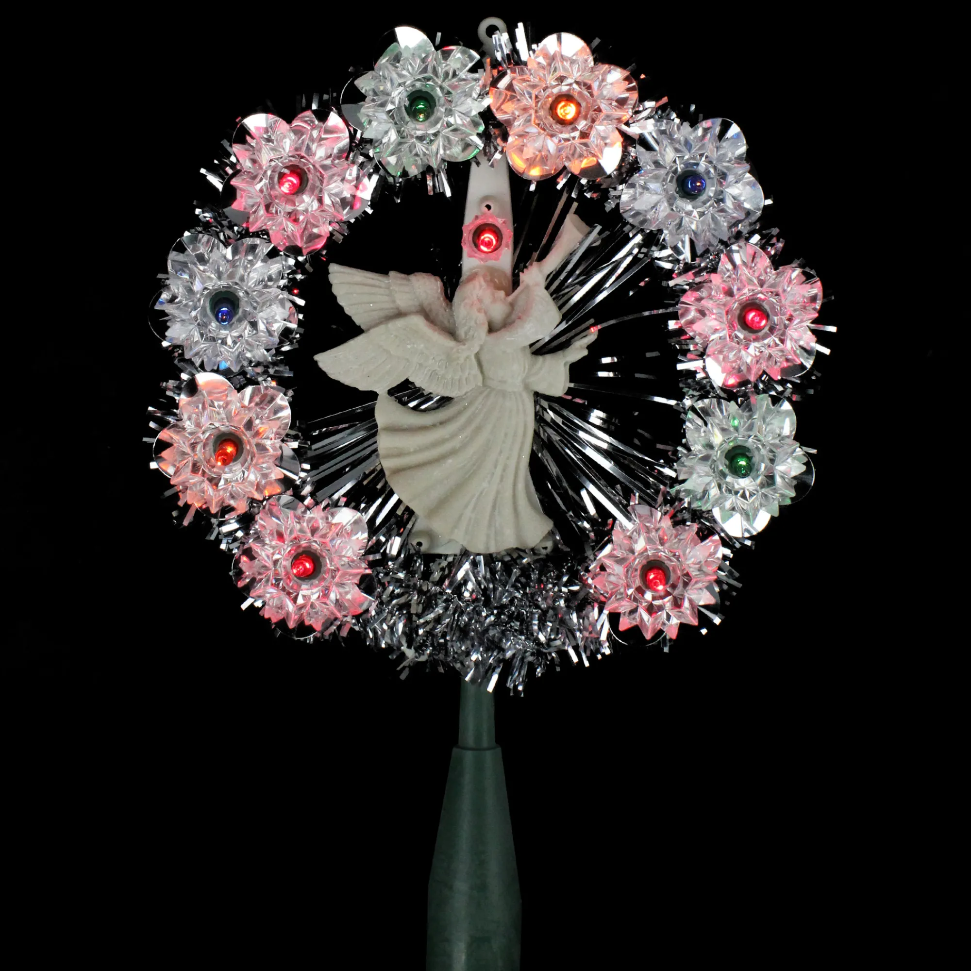 Northlight Stars-7.5" Pre-Lit Silver Tinsel Wreath With Angel Christmas Tree Topper - Multi Lights