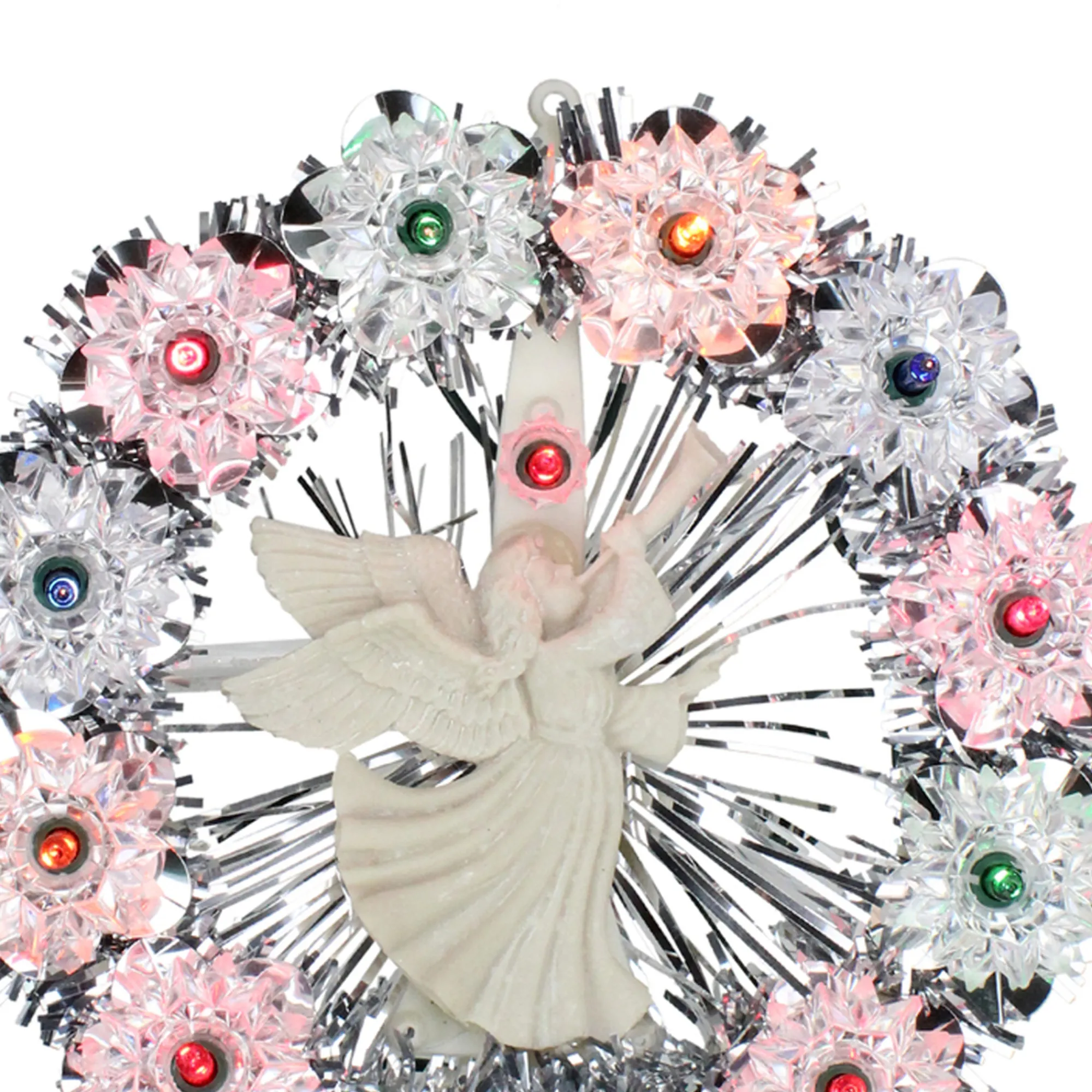 Northlight Stars-7.5" Pre-Lit Silver Tinsel Wreath With Angel Christmas Tree Topper - Multi Lights