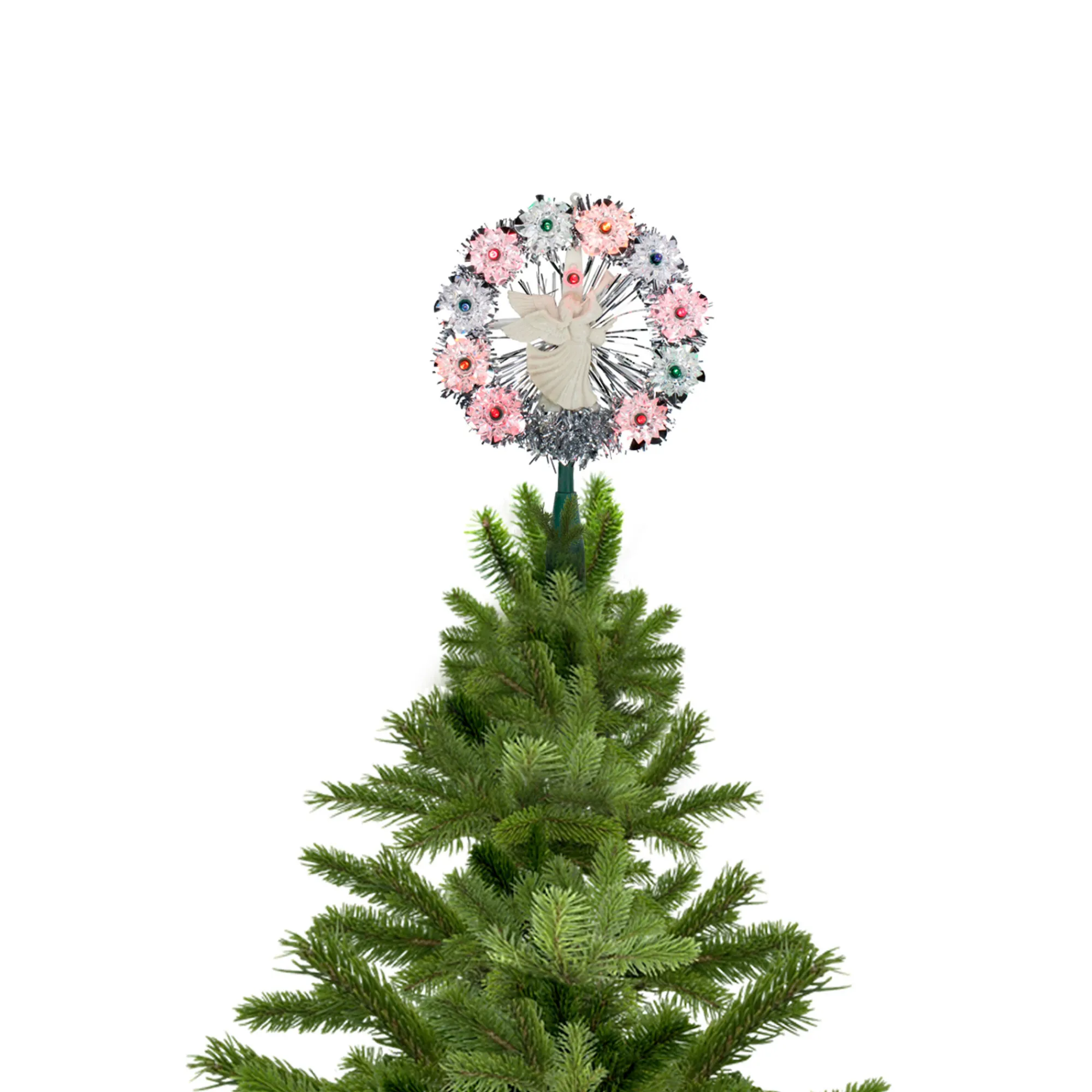 Northlight Stars-7.5" Pre-Lit Silver Tinsel Wreath With Angel Christmas Tree Topper - Multi Lights