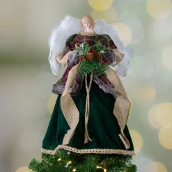 Northlight Angels-18" Red And Green Angel In A Dress Christmas Tree Topper Accented With Holly Berries - Unlit