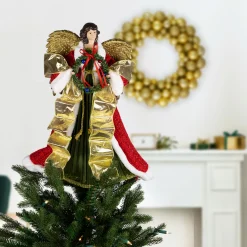 Northlight Angels-18" Red And Green Angel With Wreath Christmas Tree Topper, Unlit