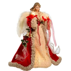 CC Christmas Decor Angels-16" Red And Ivory Decorative Christmas Indoor Accent Lighted Angel Tree Topper