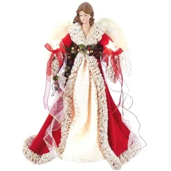 CC Christmas Decor Angels-16" Red And Ivory Decorative Christmas Indoor Accent Lighted Angel Tree Topper