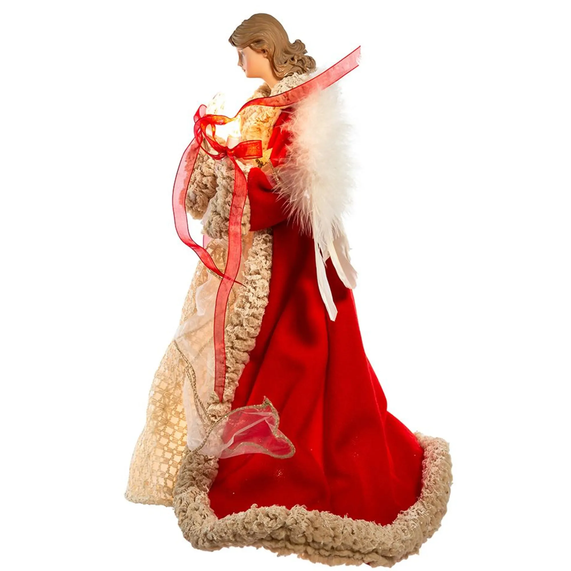 CC Christmas Decor Angels-16" Red And Ivory Decorative Christmas Indoor Accent Lighted Angel Tree Topper