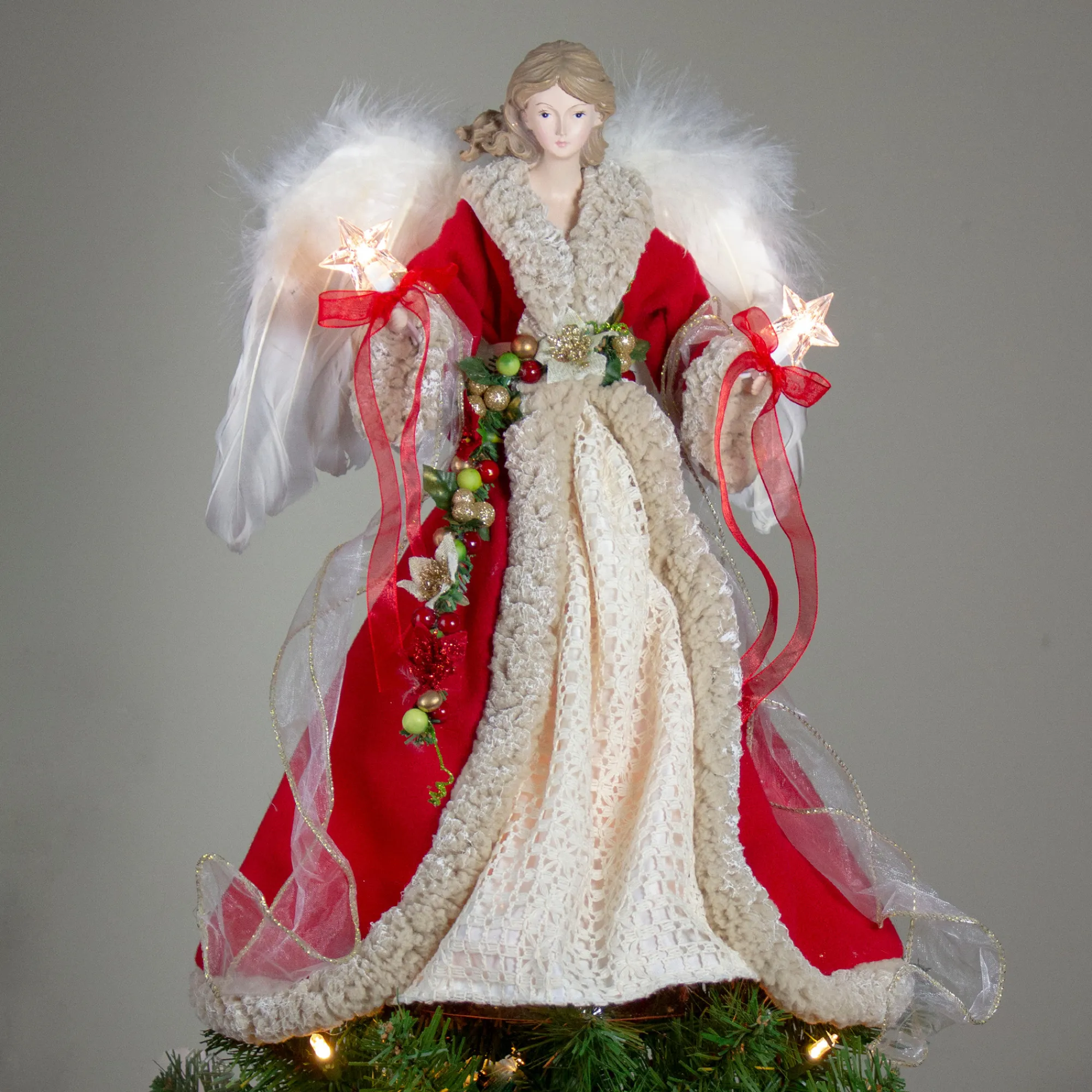 Kurt Adler Angels-16" Red And Ivory Poinsettia Angel Christmas Tree Topper - 33752004