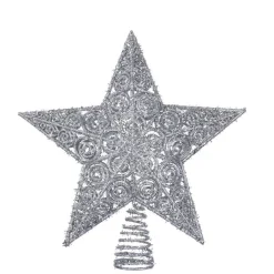 CC Christmas Decor Stars-12" Silver Glittered Star Christmas Tree Topper With Coil Base