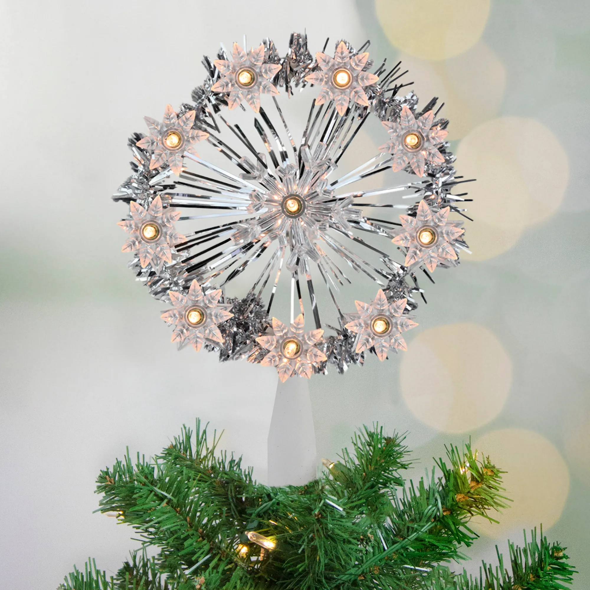 Northlight Stars-7" Silver Pre-Lit Snowflake Starburst Christmas Tree Topper - Clear Lights