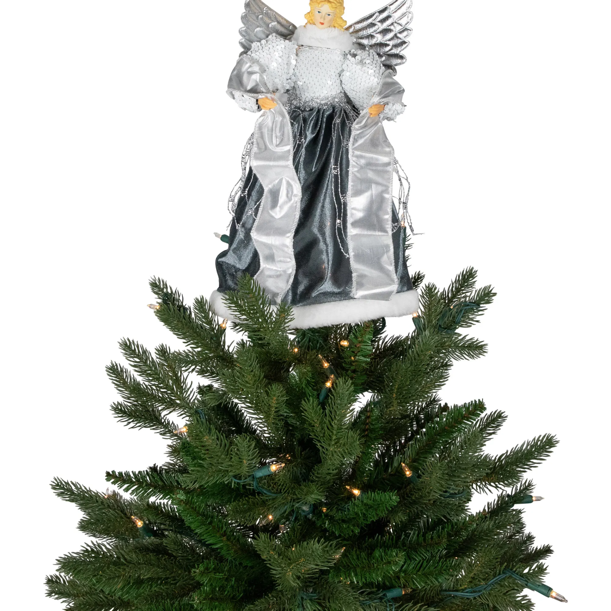 Northlight Angels-12" Slate And Metallic Silver Sequined Angel Christmas Tree Topper, Unlit