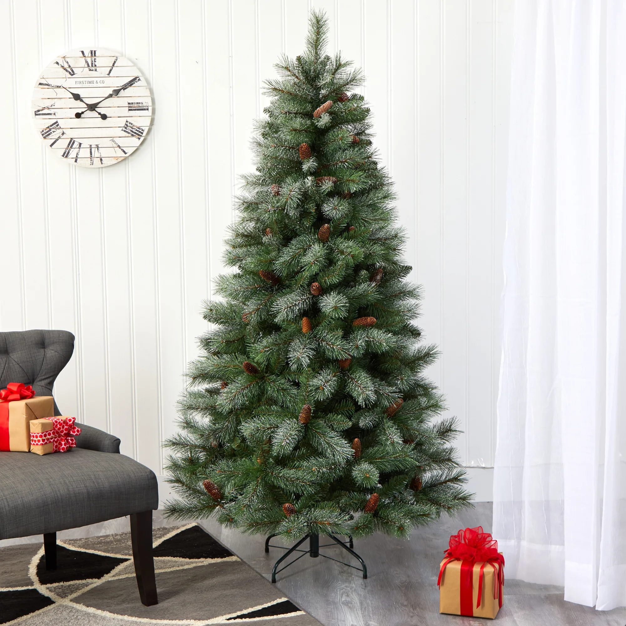 Nearly Natural Unlit-6' Snowed French Pine Artificial Christmas Tree With Pinecones, Unlit