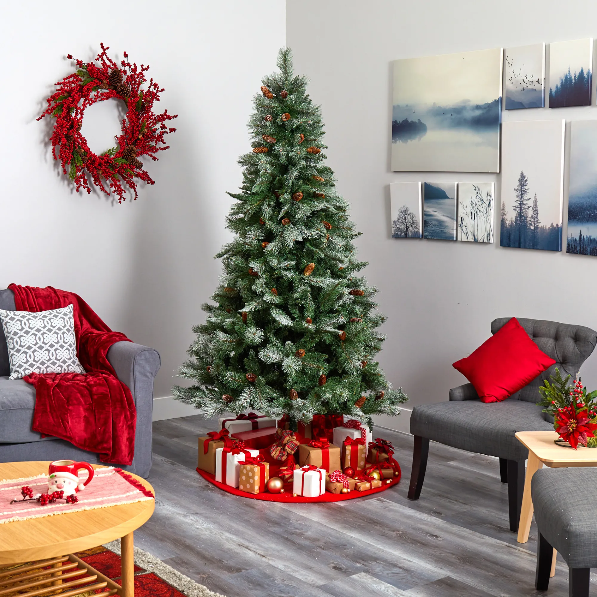 Nearly Natural Unlit-7' Snowed French Pine Artificial Christmas Tree With Pinecones, Unlit