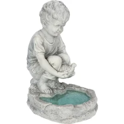 Outdoor Living and Style Finials-16" Tommy Playing With The Turtle At The Pond Outdoor Garden Statue