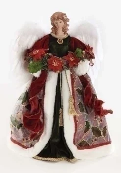 Roman Angels-16" Traditional Burgundy Red Angel With Poinsettia Christmas Tree Topper - Unlit
