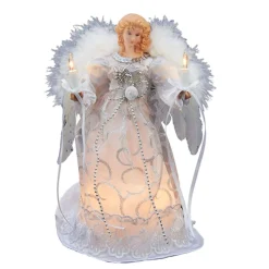 KSA Angels-9" Virtuous White And Shimmering Silver Lighted Angel Christmas Tree Topper - Clear Lights