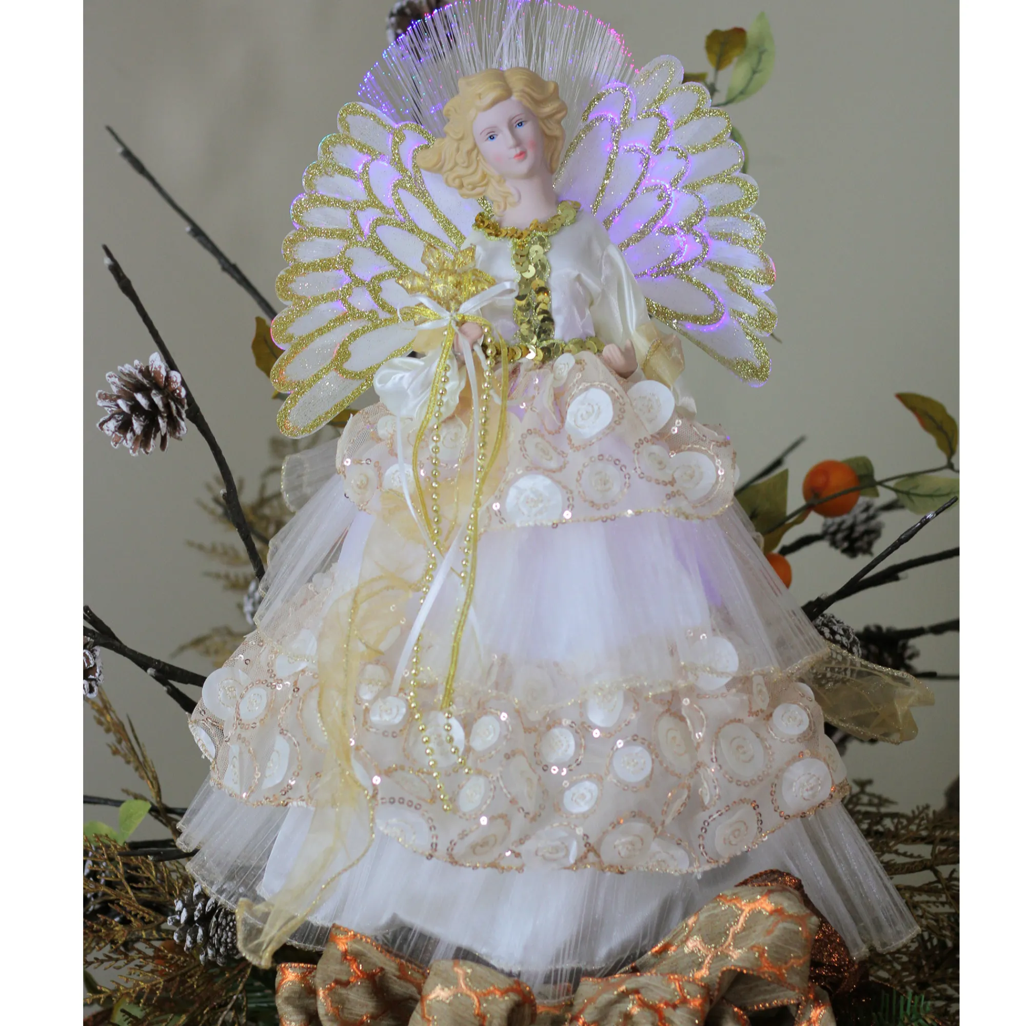 Northlight Angels-16" White And Gold Lighted Angel Sequined Gown Christmas Tree Topper