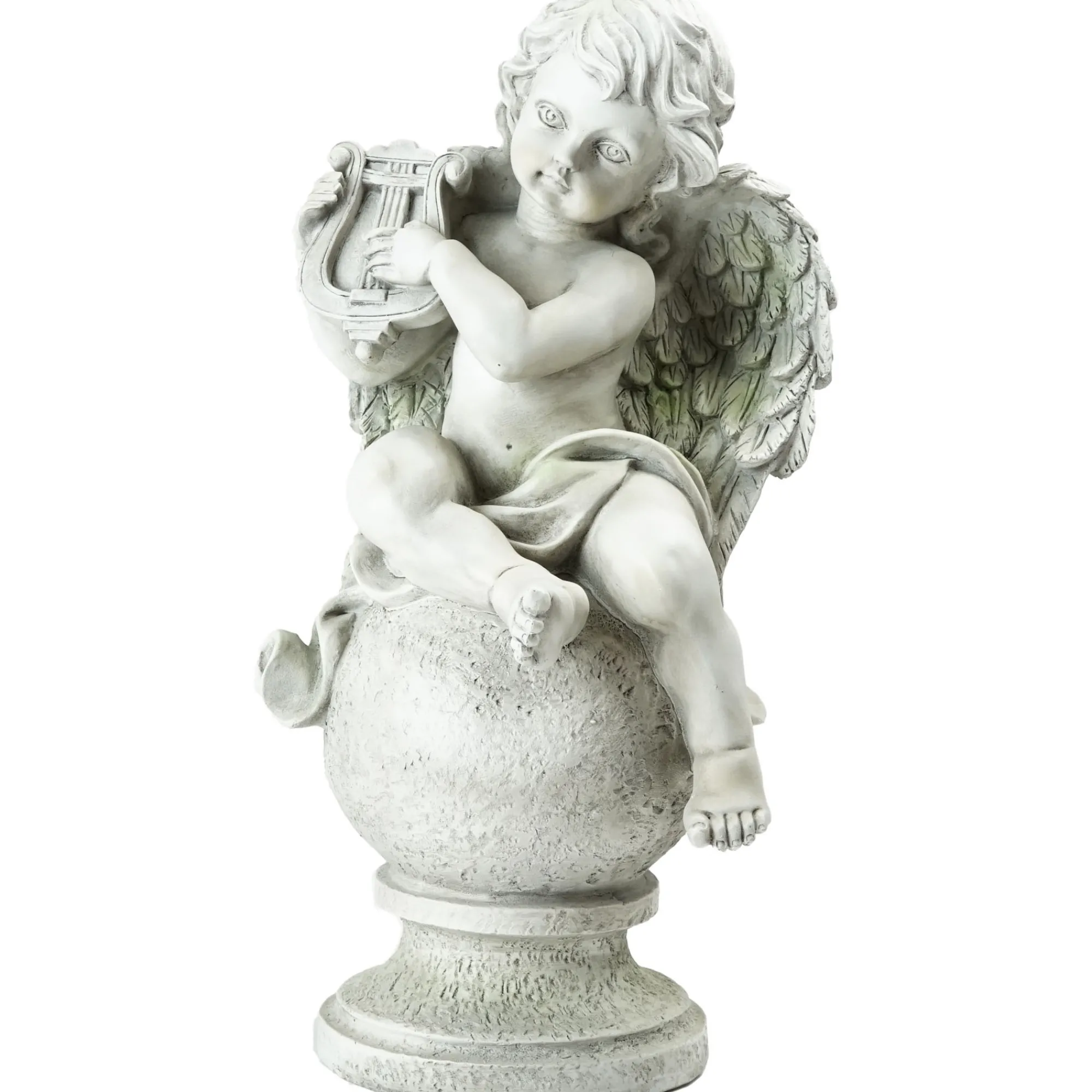 Northlight Finials-15.25" White And Green Cherub Angel Sitting On A Sphere Finial Playing Instrument Outdoor Garden Statue