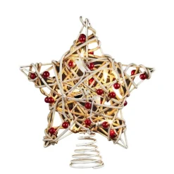 Kurt Adler Stars-10.75" White And Red Star With Holly Berries Incandescent Christmas Tree Topper - Clear Lights