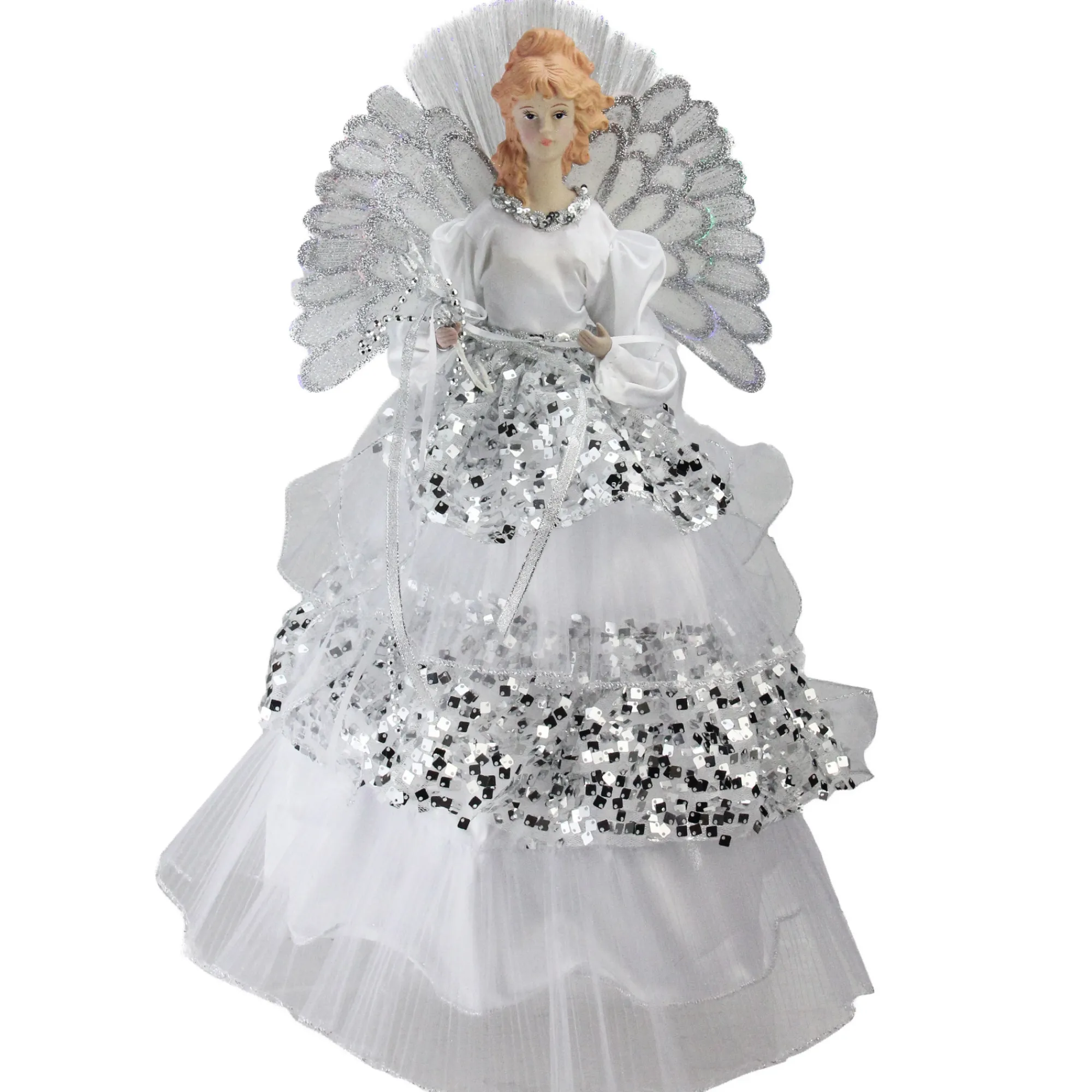 Northlight Angels-16" White And Silver Lighted Fiber Optic Angel Sequined Gown Christmas Tree Topper