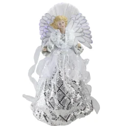 Northlight Angels-16" White And Silver Lighted Angel Sequined Gown Christmas Tree Topper