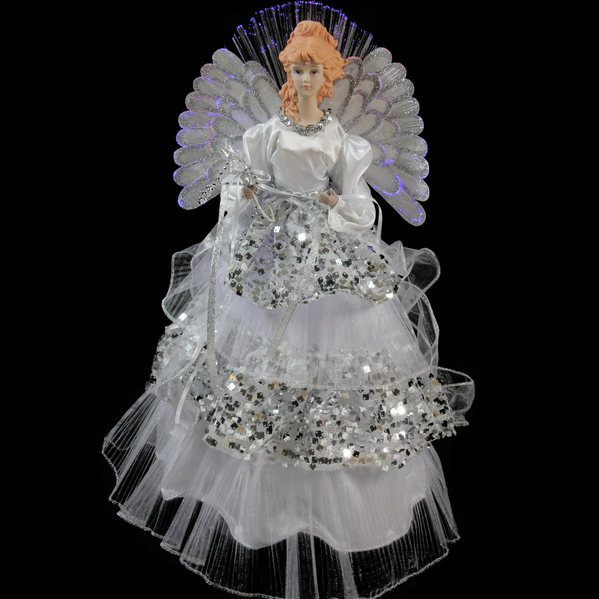 Northlight Angels-16" White And Silver Lighted Fiber Optic Angel Sequined Gown Christmas Tree Topper