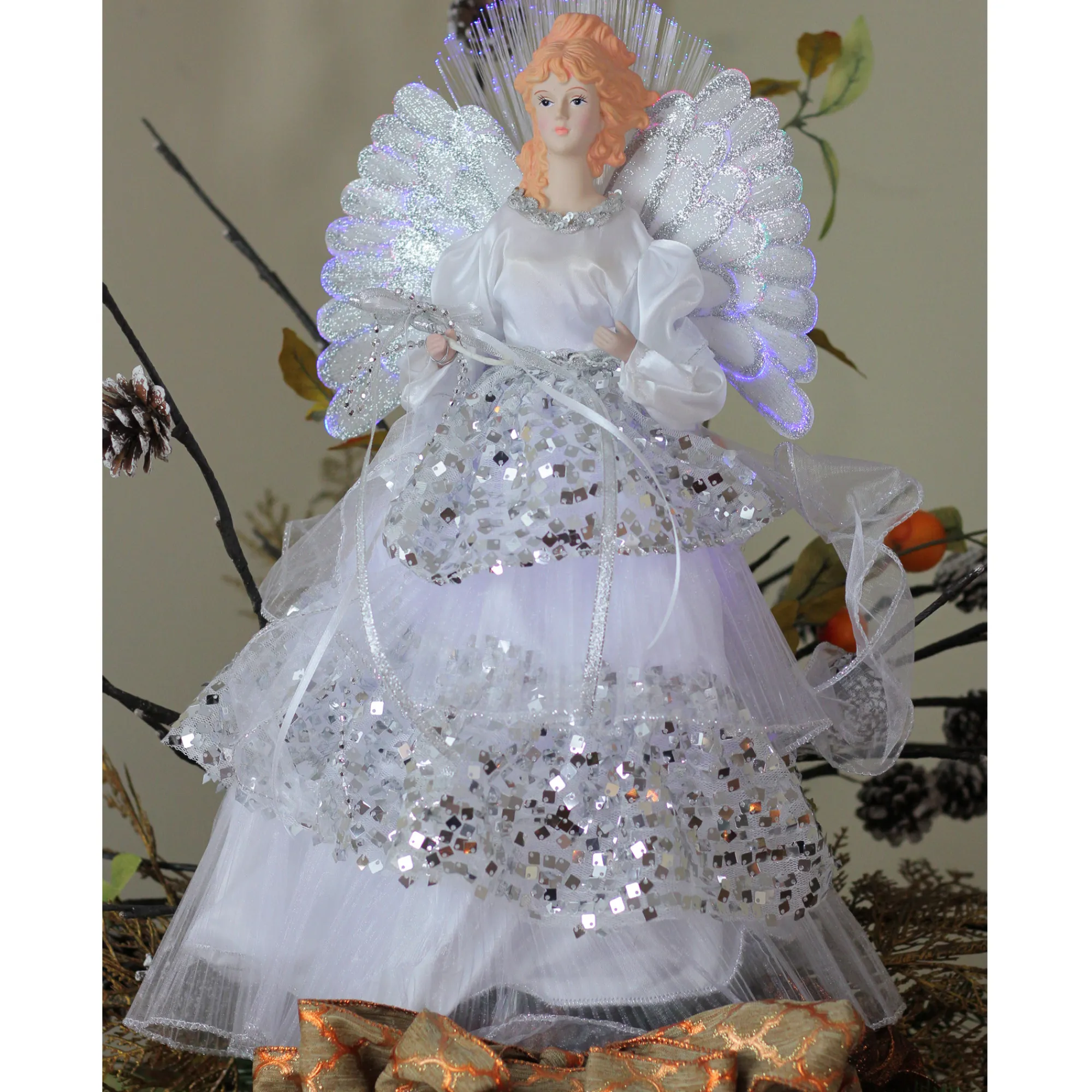 Northlight Angels-16" White And Silver Lighted Fiber Optic Angel Sequined Gown Christmas Tree Topper