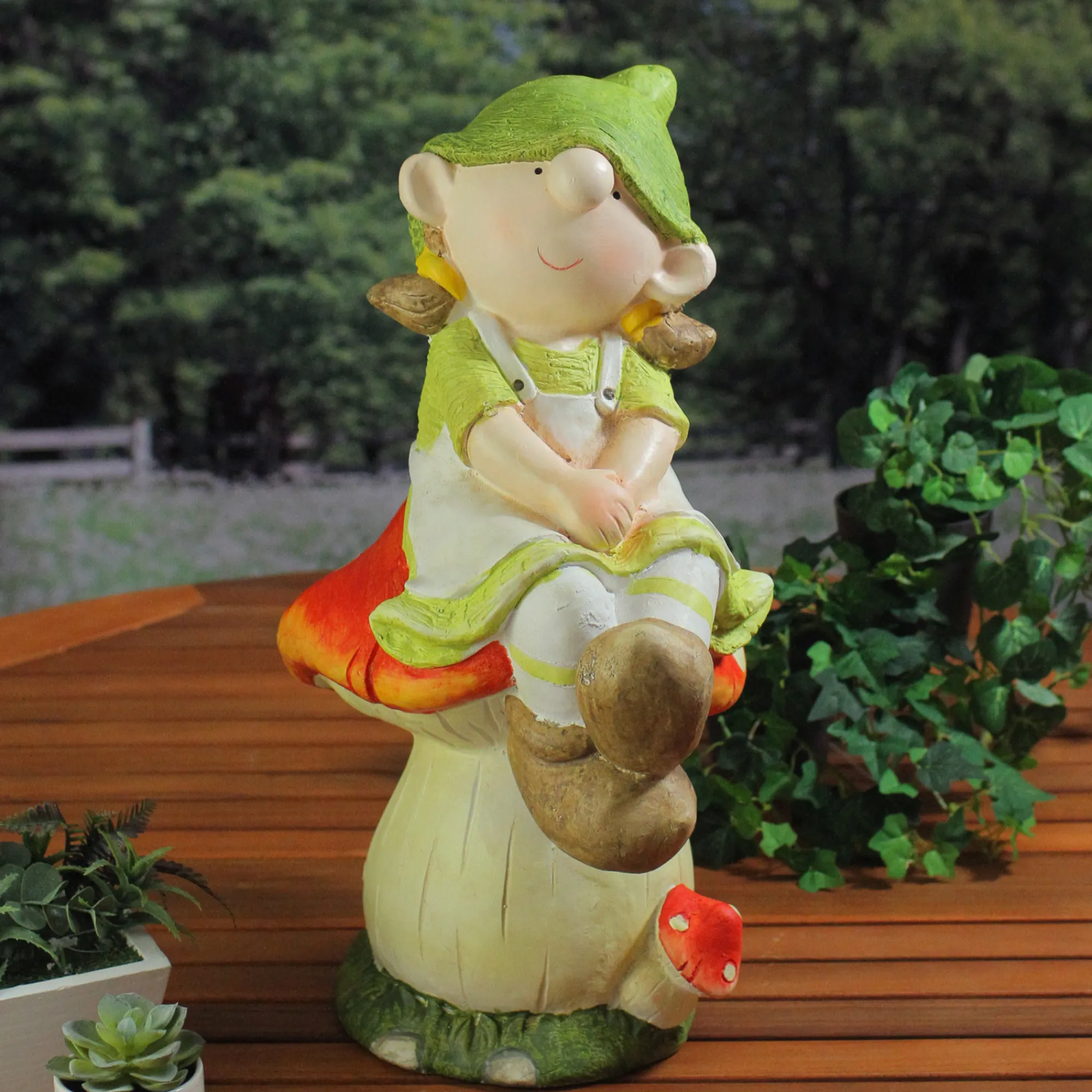 Northlight Finials-19.25" Young Girl Gnome Sitting On A Mushroom Spring Outdoor Garden Patio Figure