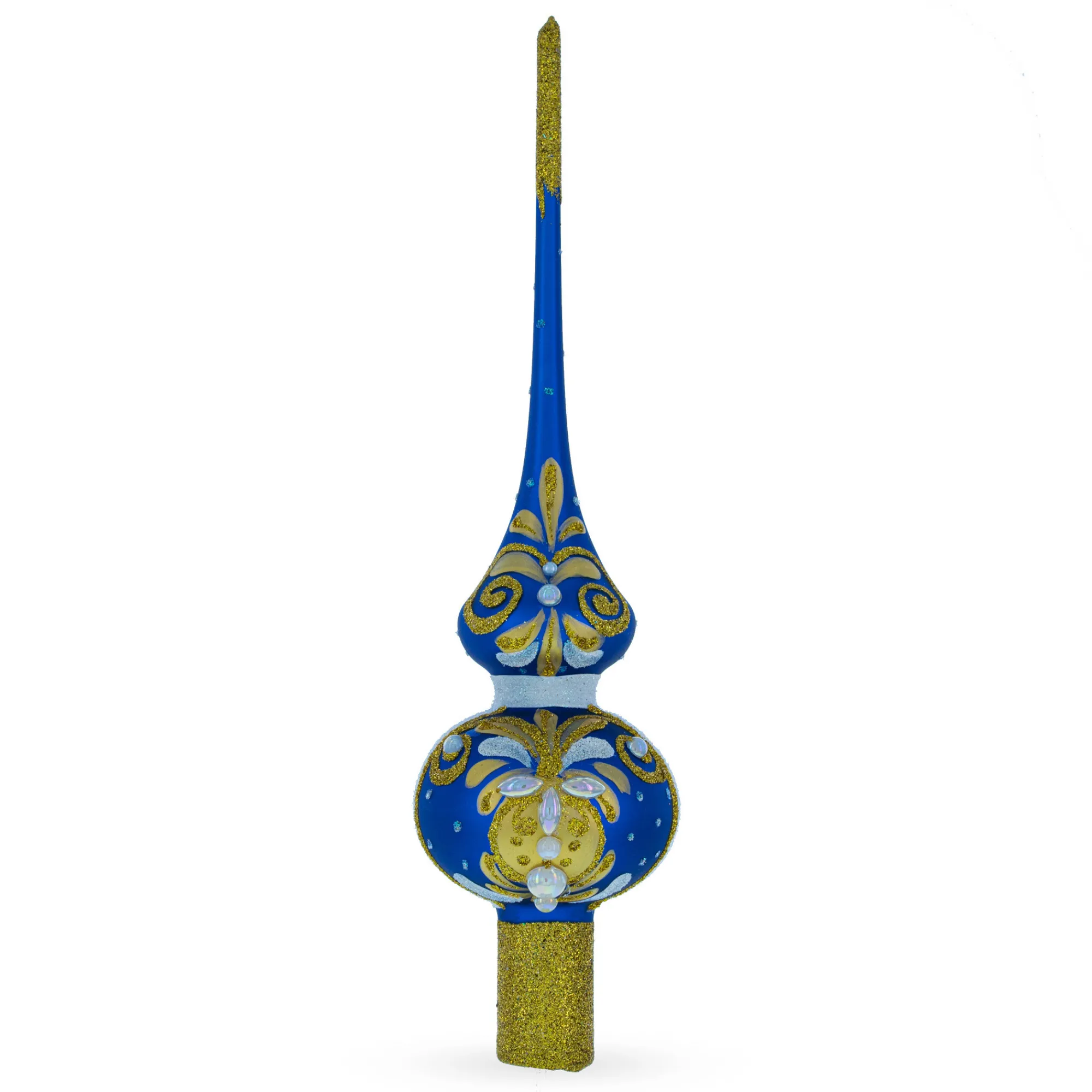 BESTPYSANKY Finials-Bejeweled Gold On Blue Glass Christmas Tree Topper 11 Inches