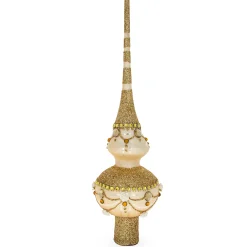 BESTPYSANKY Snowflake-Bejeweled Roses On Golden Glass Christmas Tree Topper 11 Inches