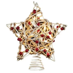 Kurt Adler Finials-Birch Holly Berry Rattan Star Lighted Christmas Tree Topper 11 Inch Ul4295 New