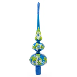 BESTPYSANKY Snowflake-Blue Flowers On Glossy Blue Glass Christmas Tree Topper 12.5 Inches