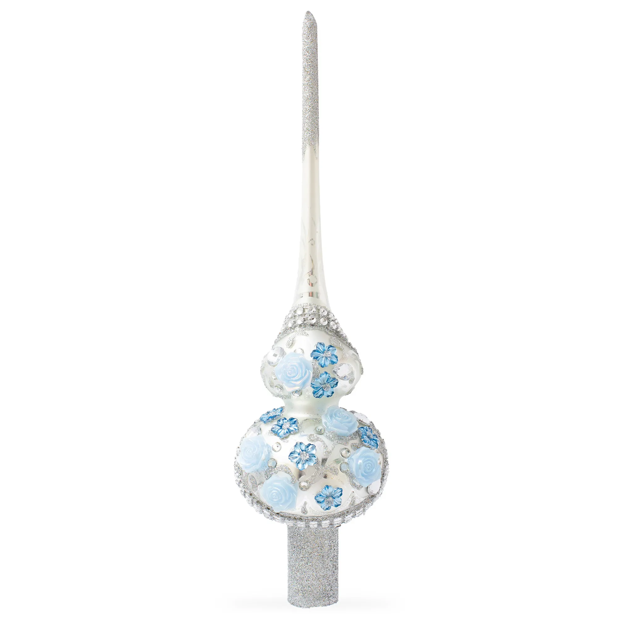 BESTPYSANKY Snowflake-Blue Roses On Silver Glass Christmas Tree Topper 11 Inches