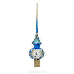 BESTPYSANKY Snowflake-Clock On Blue And Gold Glass Christmas Tree Topper 11 Inches