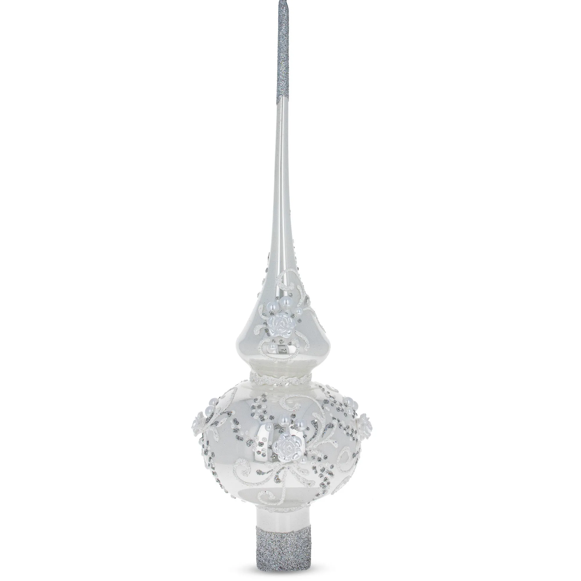 BESTPYSANKY Snowflake-3D Embossed Roses On Glossy White Glass Christmas Tree Topper 11 Inches