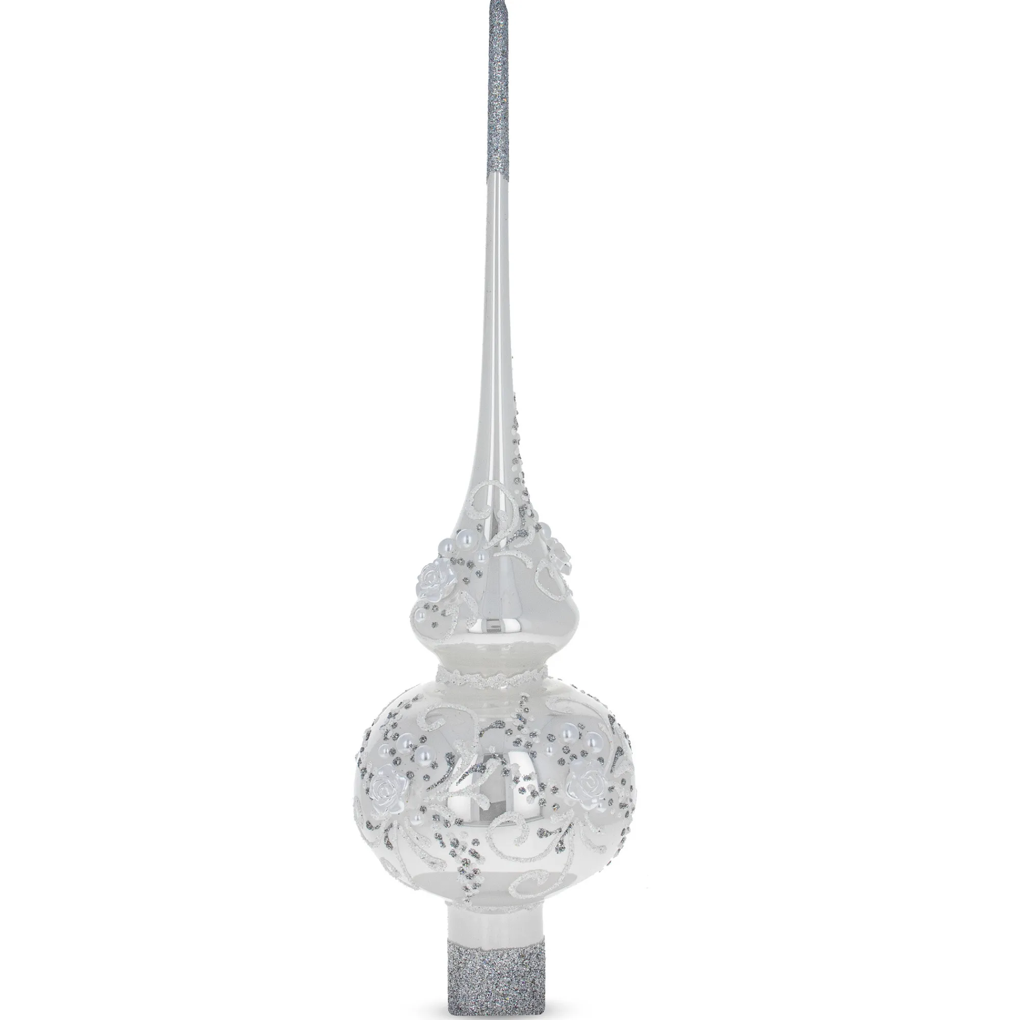 BESTPYSANKY Snowflake-3D Embossed Roses On Glossy White Glass Christmas Tree Topper 11 Inches