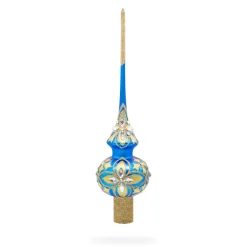 BESTPYSANKY Snowflake-Diamond Stars On Blue And Gold Glass Christmas Tree Topper 11 Inches