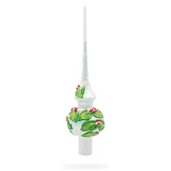 BESTPYSANKY Snowflake-Embossed Berries On Leaves Glossy Silver Glass Christmas Tree Topper 11 Inches