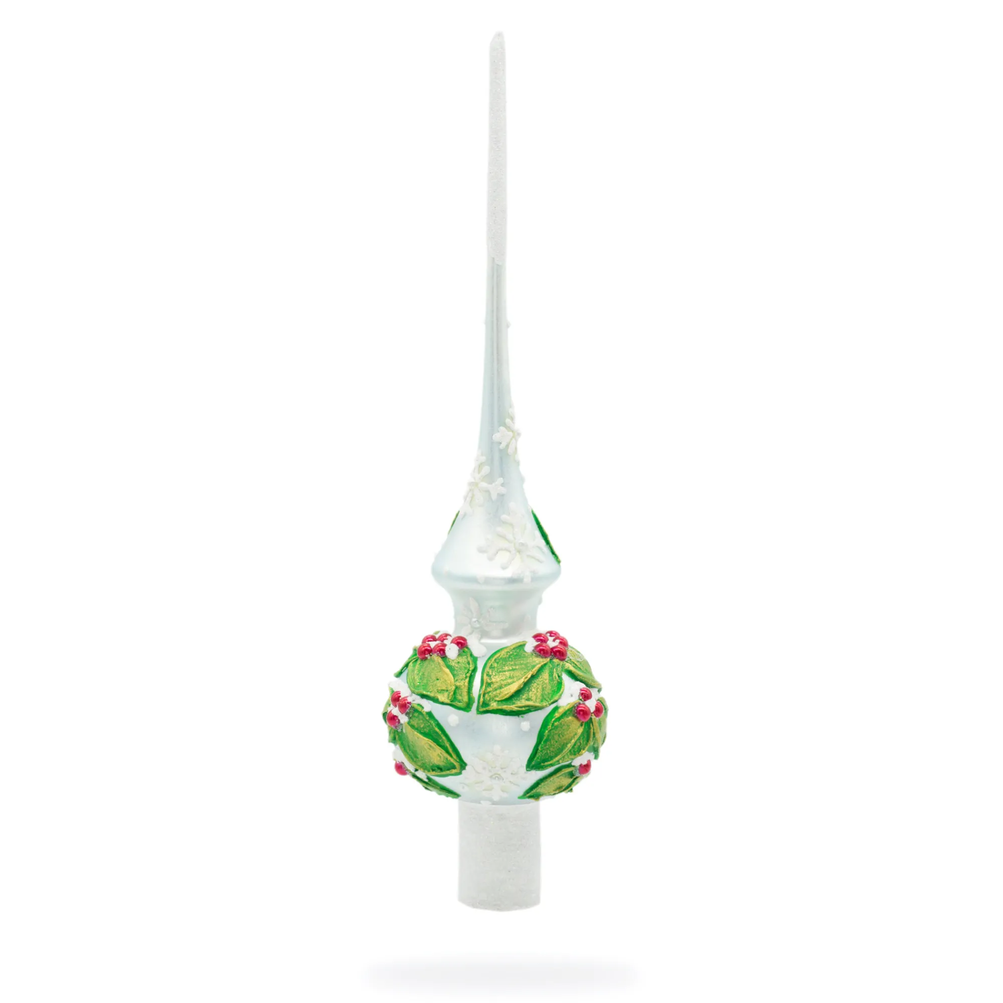BESTPYSANKY Snowflake-Embossed Berries On Leaves Glossy Silver Glass Christmas Tree Topper 11 Inches