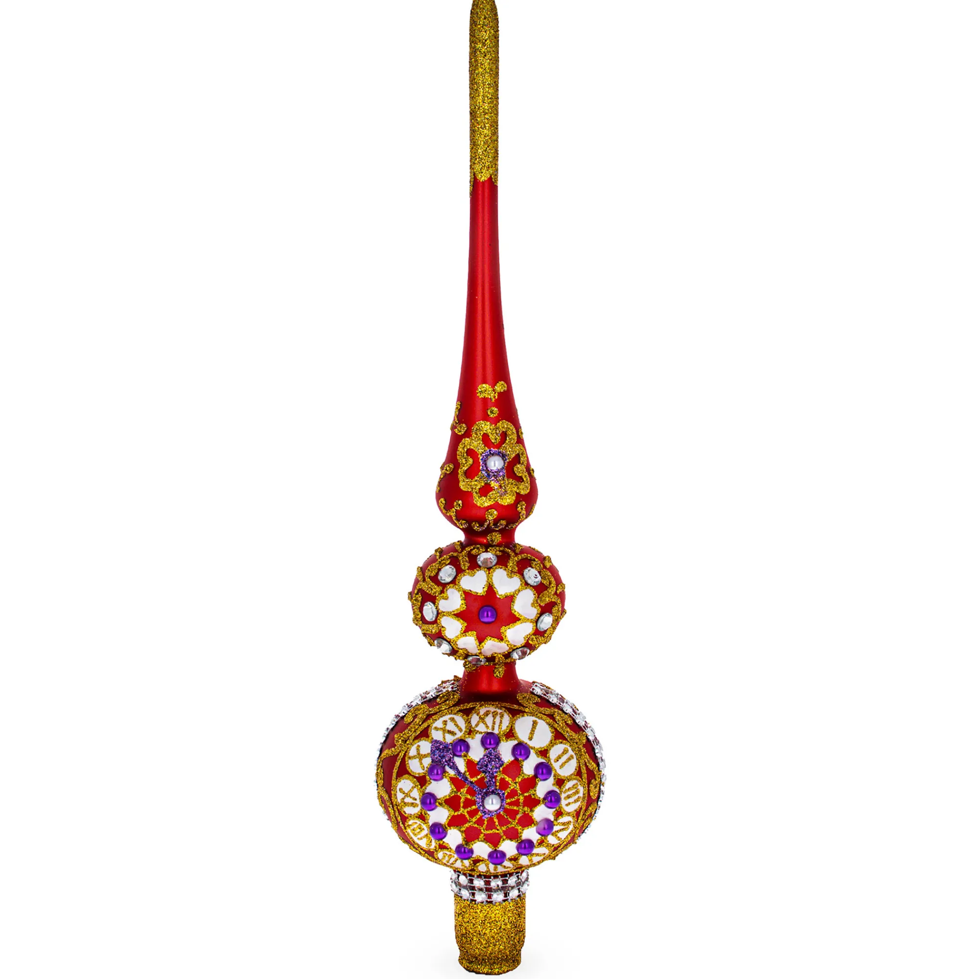BESTPYSANKY Snowflake-Embossed Clock On Glittered Double Ball Red Glass Christmas Tree Topper 12.5 Inches
