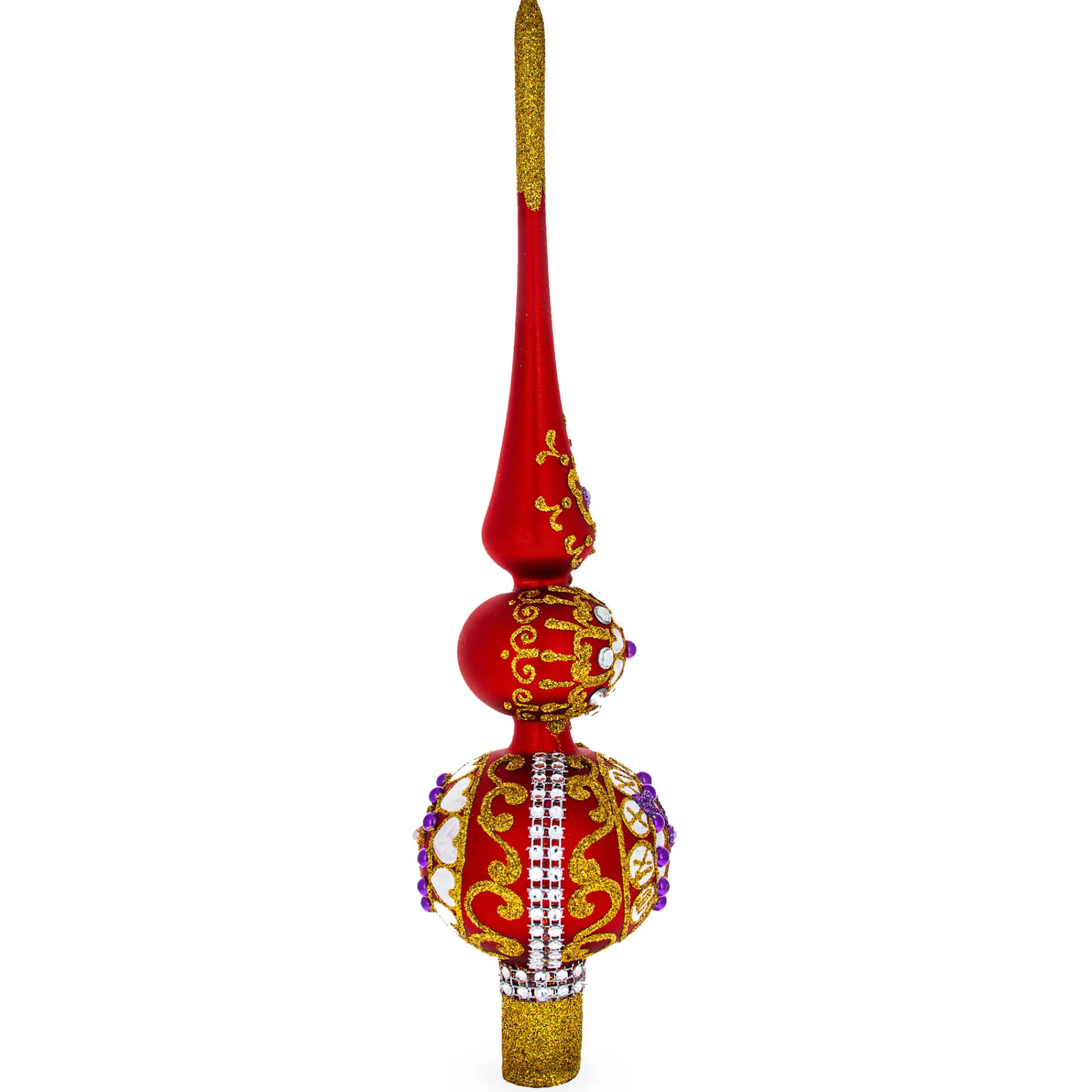BESTPYSANKY Snowflake-Embossed Clock On Glittered Double Ball Red Glass Christmas Tree Topper 12.5 Inches