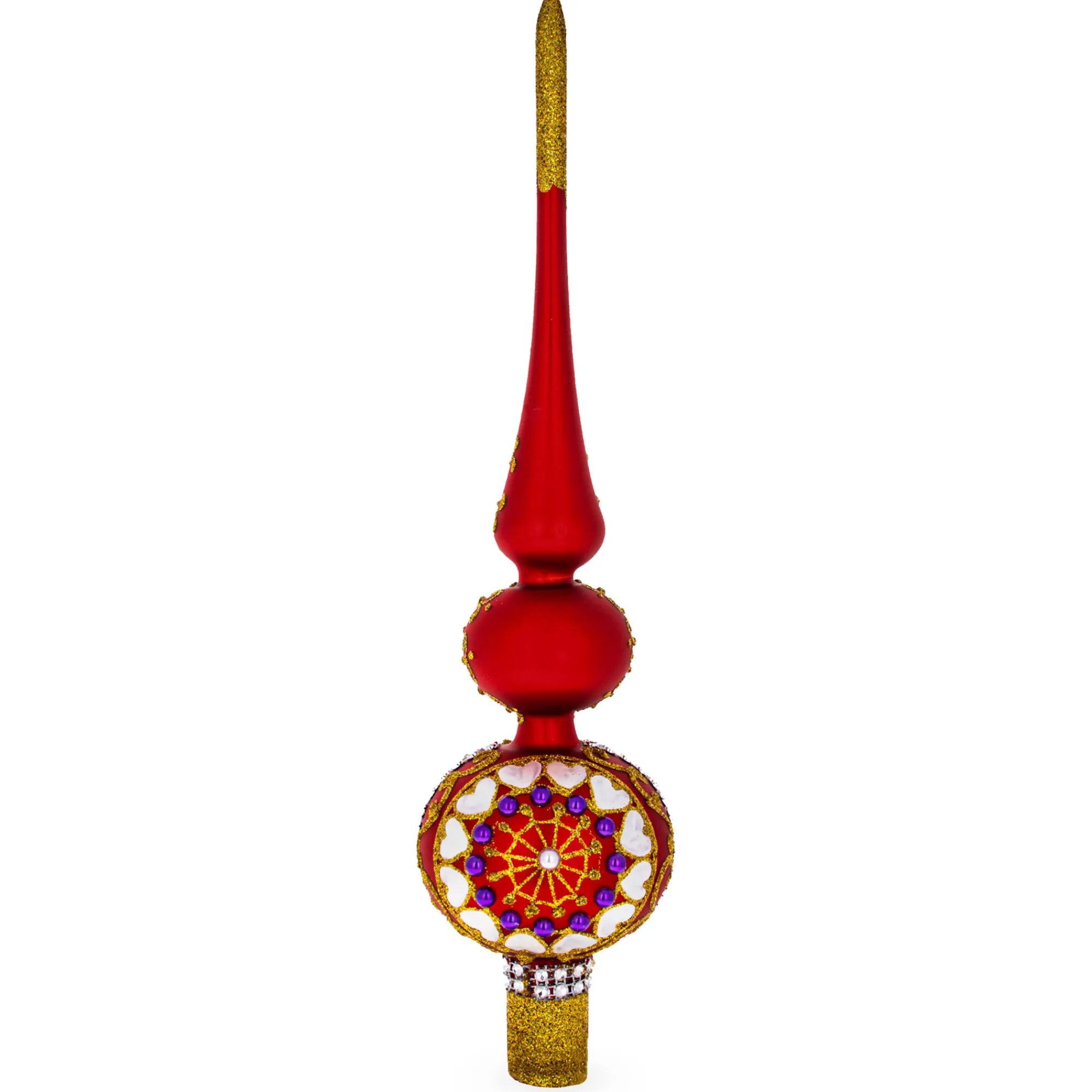 BESTPYSANKY Snowflake-Embossed Clock On Glittered Double Ball Red Glass Christmas Tree Topper 12.5 Inches