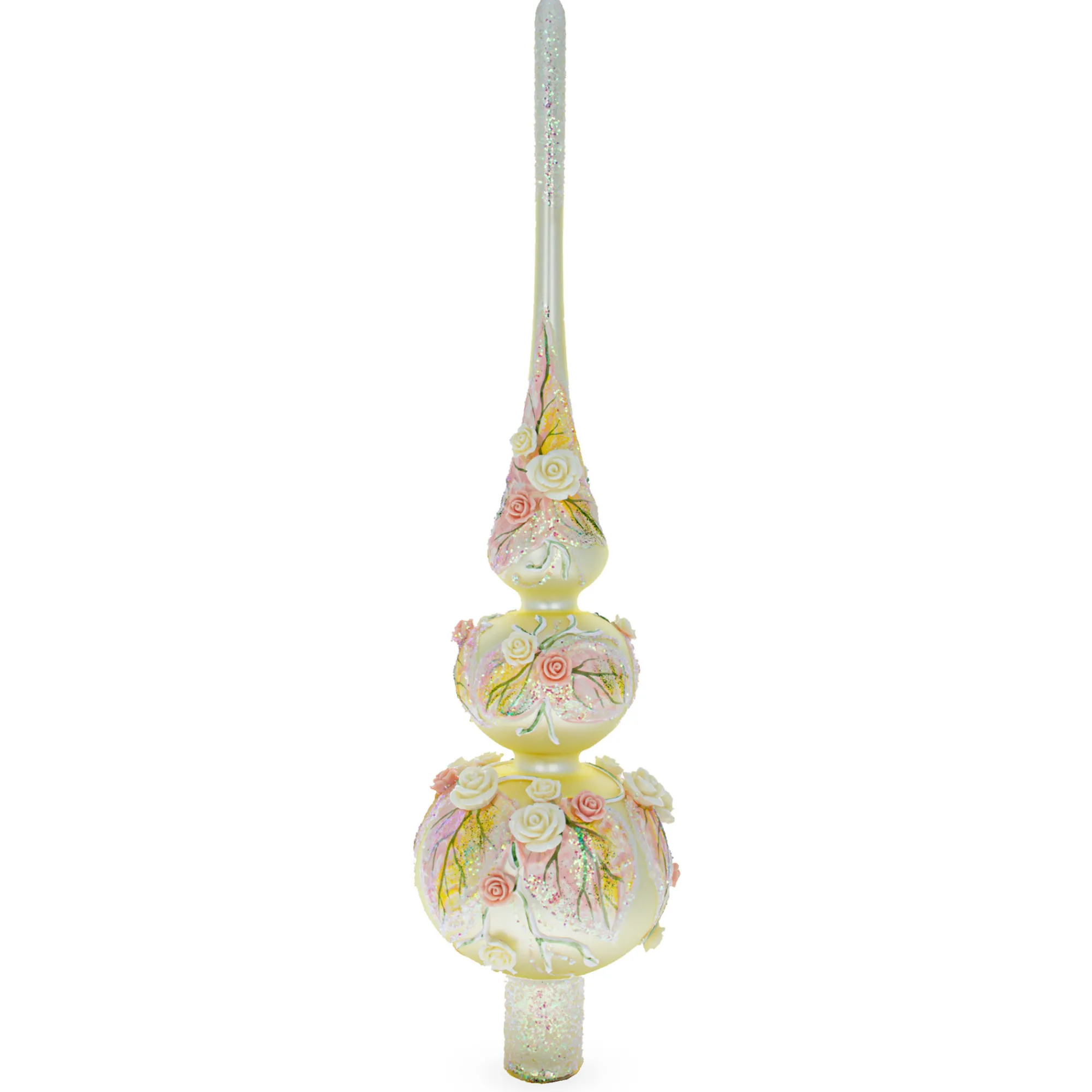BESTPYSANKY Snowflake-Embossed Pink And White Roses On Double Ball White Glass Christmas Tree Topper 12.5 Inches