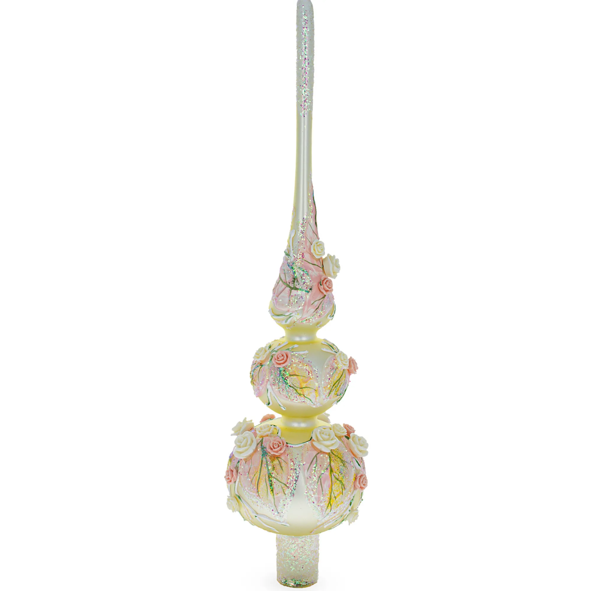 BESTPYSANKY Snowflake-Embossed Pink And White Roses On Double Ball White Glass Christmas Tree Topper 12.5 Inches