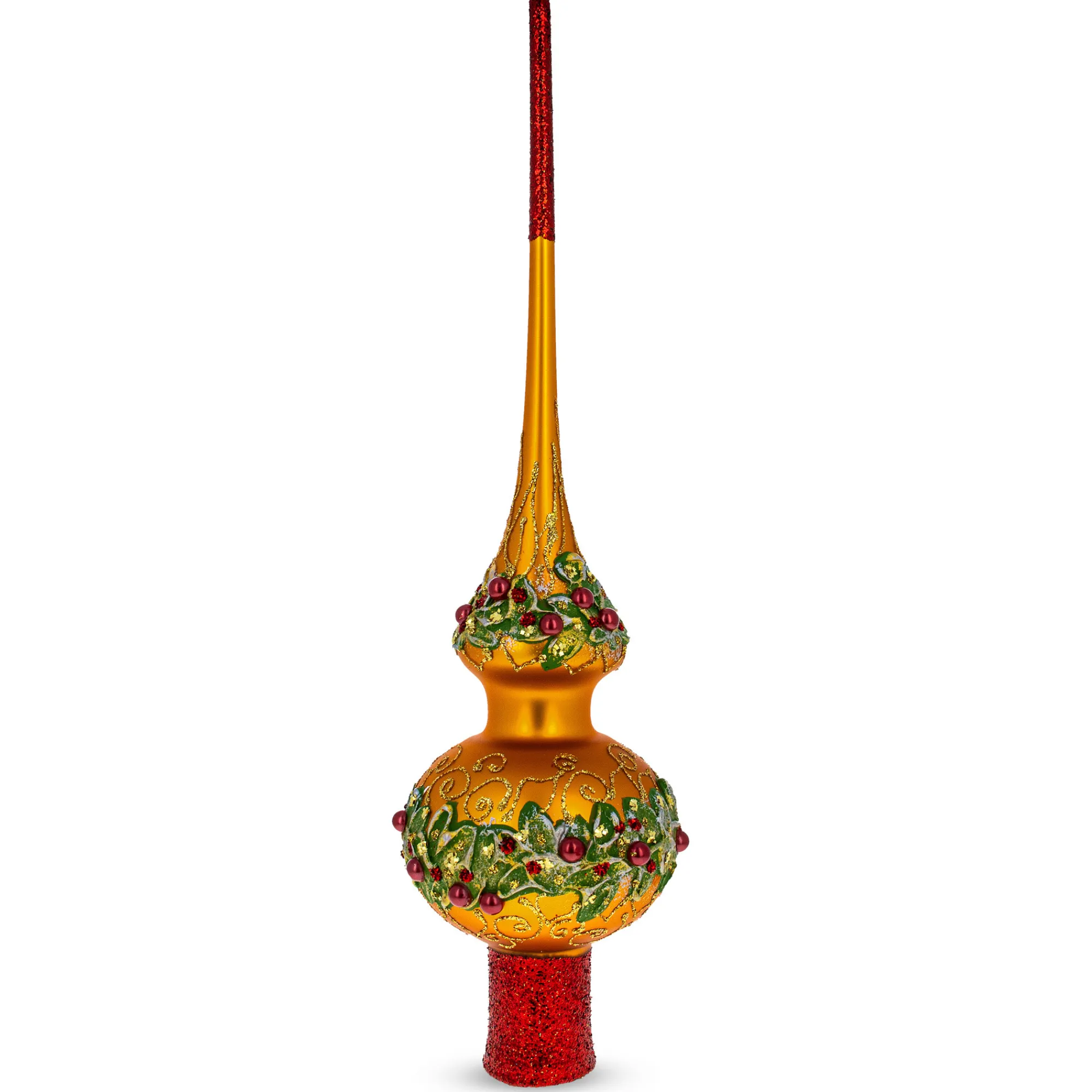 BESTPYSANKY Snowflake-Embossed Poinsettia Flowers On Gold Glass Christmas Tree Topper 11 Inches