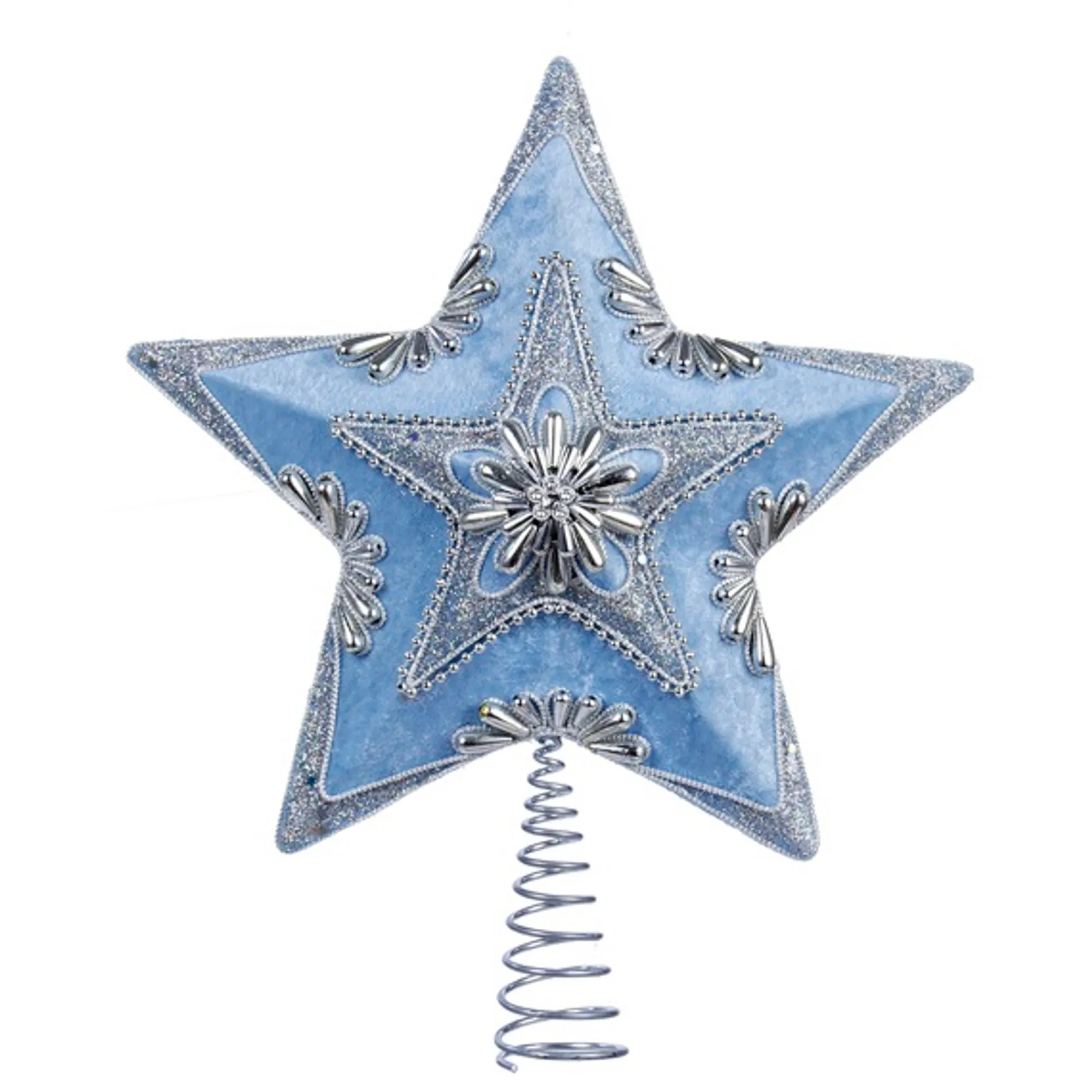 Kurt Adler Finials-Frosted Kingdom Pale Blue Velour With Silver Beading Star Christmas Tree Topper