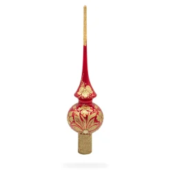 BESTPYSANKY Snowflake-Golden Flowers On Glossy Red Glass Christmas Tree Topper 11 Inches