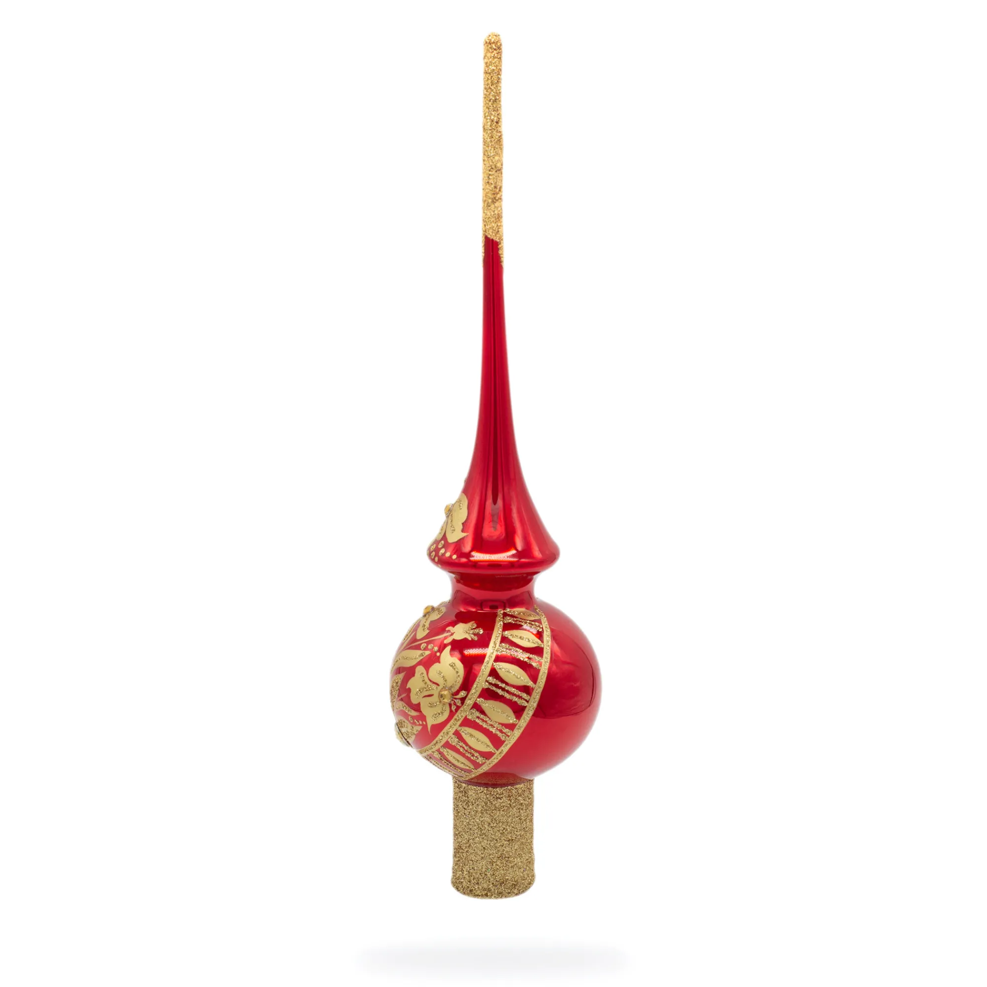 BESTPYSANKY Snowflake-Golden Flowers On Glossy Red Glass Christmas Tree Topper 11 Inches