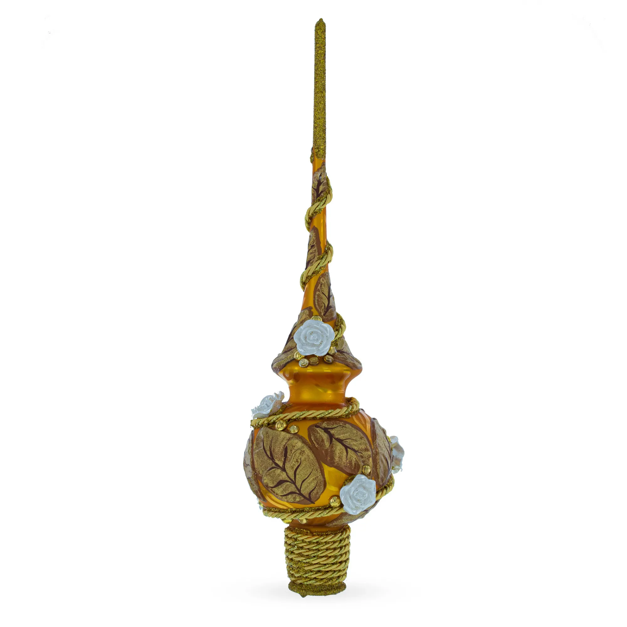 BESTPYSANKY Snowflake-Golden Leaves On Gold Glass Christmas Tree Topper 11 Inches