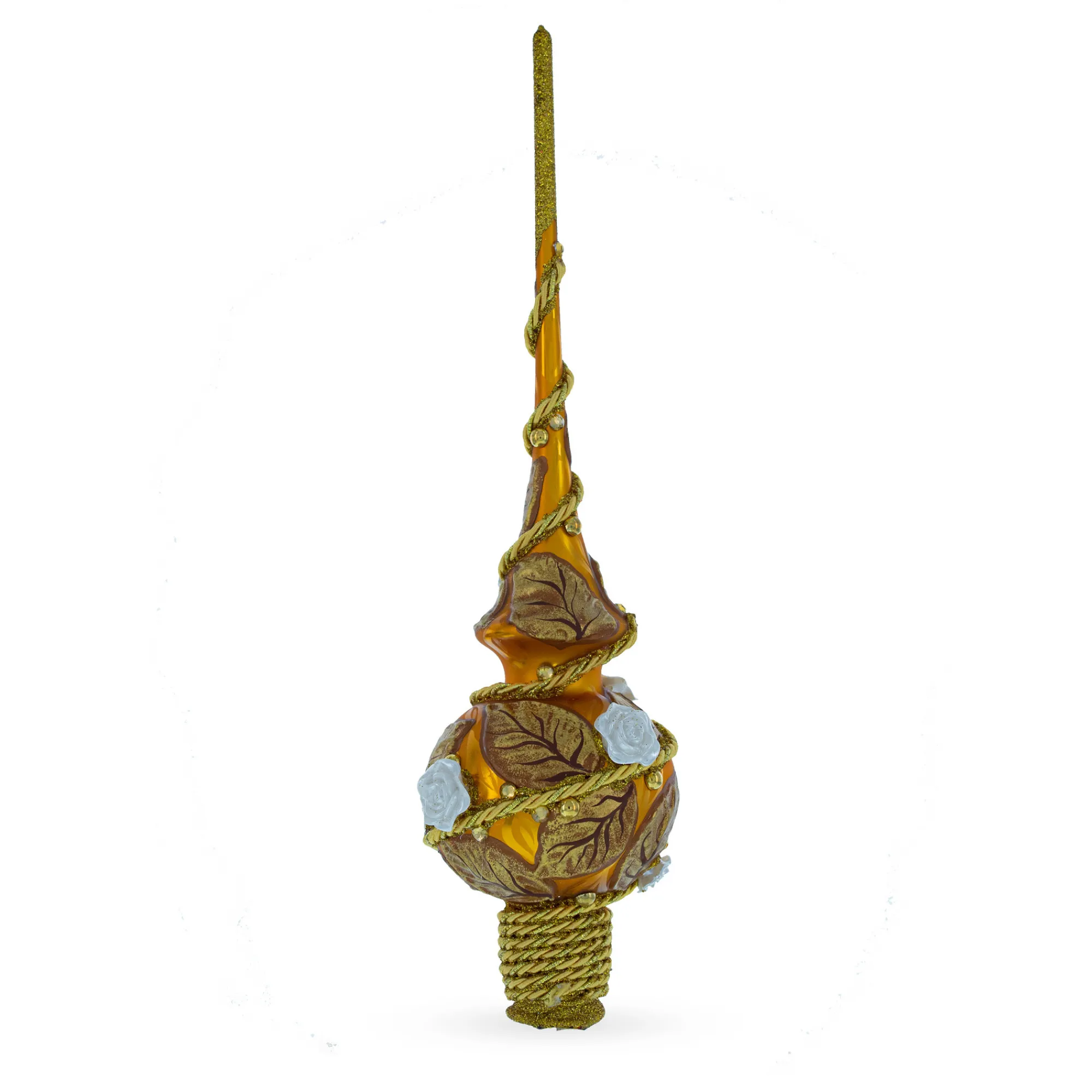 BESTPYSANKY Snowflake-Golden Leaves On Gold Glass Christmas Tree Topper 11 Inches